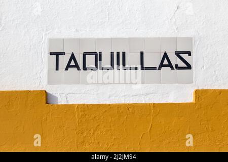 Seville, Spain - May 10, 2018: Ticket office sign near the Plaza de Toros in Seville Stock Photo