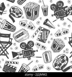 Seamless pattern with cinema elements. Vector illustration. Stock Vector