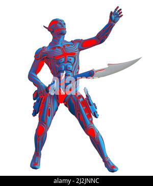 alien robotic warrior with futuristic sword, red lights, 3d illustration Stock Photo