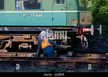 Kirkby Stephen East (Stainmore railway) preserved class 108 DMU being worked on Stock Photo