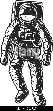 Vintage monochrome astronaut concept in space suit isolated vector illustration Stock Vector