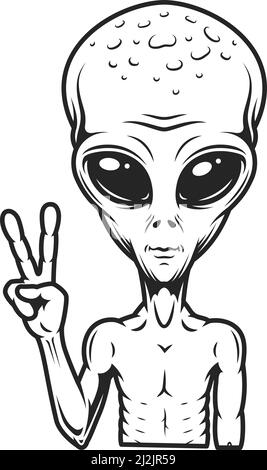 Vintage extraterrestrial concept showing peace gesture in monochrome style isolated vector illustration Stock Vector