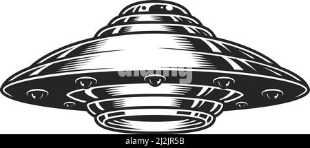 Vintage UFO spaceship concept in monochrome style isolated vector illustration Stock Vector