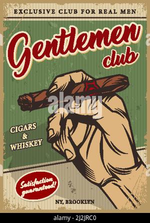Vintage men's club colorful poster with inscriptions and male hand holding cuban cigar vector illustration Stock Vector