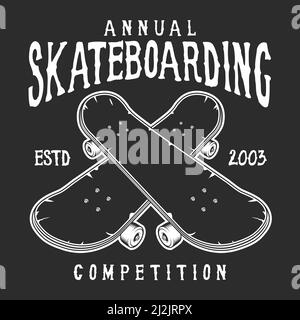 Vintage skateboarding logo with inscriptions and black crossed skateboards on dark background isolated vector illustration Stock Vector