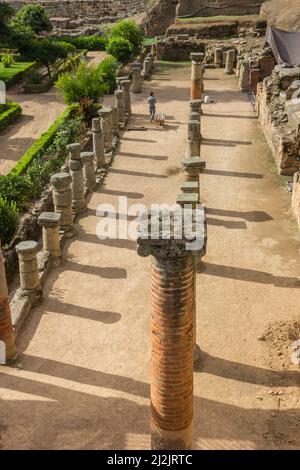 Remains of pillars in the roman theater of Merida, Spain Stock Photo