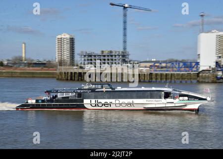 Uber Boat by Thames Clipper RB1 river bus service vessel Tornado Clipper out on the River Thames in East London Stock Photo