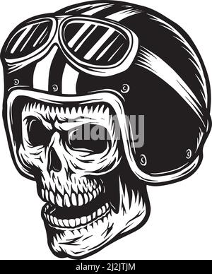 Vintage monochrome skull rider concept with motorcycle helmet and goggles isolated vector illustration Stock Vector