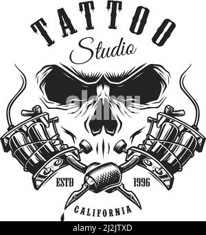 Vintage monochrome tattoo emblem with inscriptions skull and crossed tattoo machines isolated vector illustration Stock Vector