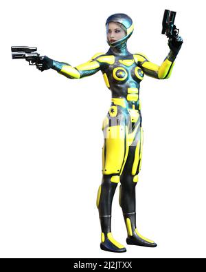 futuristic Warrior in a Yellow and black uniform, armed with guns, astronaut, 3d illustration Stock Photo