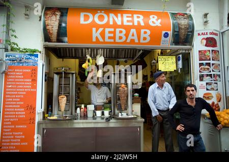 Doner food stand, traditional turkish fast food at the old town of Bodrum, Turkey, Mediterranean Sea Stock Photo