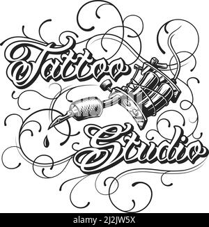 Vintage tattoo studio monochrome logotype with inscription tattoo machine and curved lines isolated vector illustration Stock Vector
