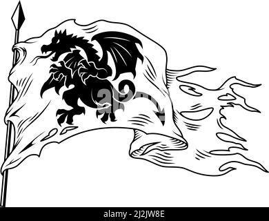 Monochrome flag with dragon isolated on white. Vector illustration Stock Vector