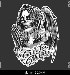 Vintage Day of Dead sticker with dead girl in hood with angel wings rose flower and praying skeleton hands holding rosary in monochrome style isolated Stock Vector