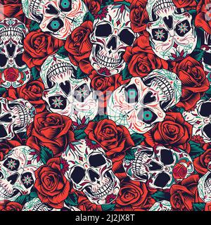 Vintage Day of Dead seamless pattern with sugar skulls and red roses vector illustration Stock Vector