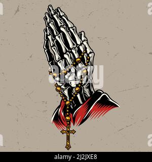 Skeleton praying hands with rosary in vintage style isolated vector illustration Stock Vector
