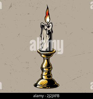 Vintage colorful burning candle in candlestick isolated vector illustration Stock Vector