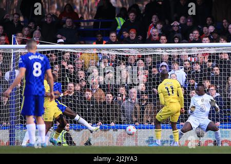 London, UK. 02nd Apr, 2022. Yoane Wissa of Brentford (11) scores his teams fourth goal. Premier League match, Chelsea v Brentford at Stamford Bridge in London on Saturday 2nd April 2022. this image may only be used for Editorial purposes. Editorial use only, license required for commercial use. No use in betting, games or a single club/league/player publications. pic by Steffan Bowen/Andrew Orchard sports photography/Alamy Live news Credit: Andrew Orchard sports photography/Alamy Live News