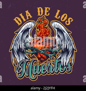 Day of Dead colorful vintage emblem with fiery heart in barbed wire with angel wings on dark purple background isolated vector illustration Stock Vector