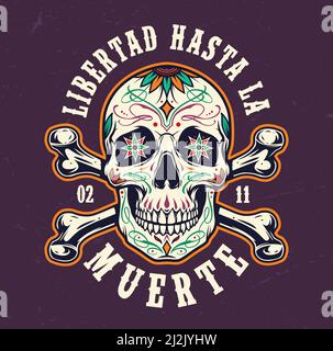 Dia De Los Muertos colorful badge with sugar skull and crossbones in vintage style isolated vector illustration Stock Vector