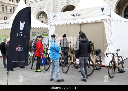 Vienna, Austria. 2nd Apr 2022. Argus Bike Festival 2022 at Vienna City Hall Square. Largest bicycle fair in Austria with a show program Stock Photo
