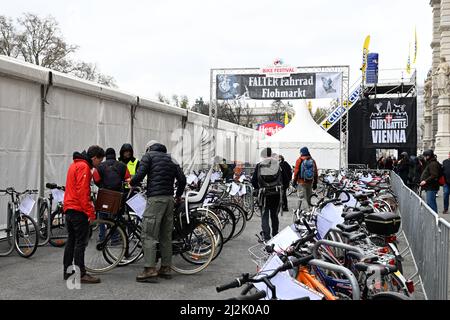 Vienna, Austria. 2nd Apr 2022. Argus Bike Festival 2022 at Vienna City Hall Square. Largest bicycle fair in Austria with a show program Stock Photo