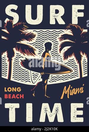 Vintage surf time colorful emblem with surfer holding surfboard palm trees and sea waves vector illustration Stock Vector