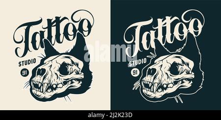 Tattoo studio monochrome vintage badge with cat skull and inscription isolated vector illustration Stock Vector
