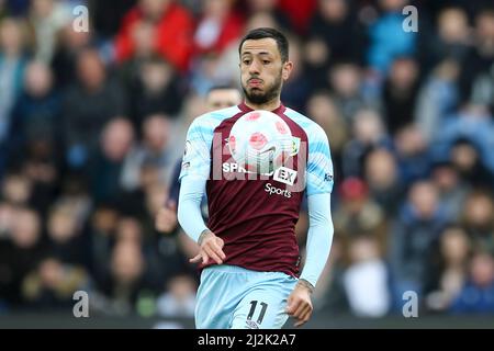 Burnley, UK. 02nd Apr, 2022. Dwight McNeil of Burnley in action. Premier League match, Burnley v Manchester City at Turf Moor in Burnley, Lancs on Saturday 2nd April 2022. this image may only be used for Editorial purposes. Editorial use only, license required for commercial use. No use in betting, games or a single club/league/player publications. pic by Chris Stading/Andrew Orchard sports photography/Alamy Live news Credit: Andrew Orchard sports photography/Alamy Live News