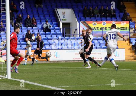 Birkenhead, UK. 02nd Apr, 2022. Kane Hemmings of Tranmere Rovers scores to make it 1-0 during the Sky Bet League Two match between Tranmere Rovers and Carlisle United at Prenton Park on April 2nd 2022 in Birkenhead, England. (Photo by Tony Taylor/phcimages.com) Credit: PHC Images/Alamy Live News Stock Photo