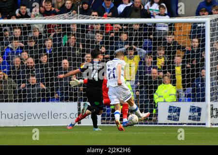 Birkenhead, UK. 02nd Apr, 2022. Elliot Nevitt of Tranmere Rovers scores to make it 2-1 during the Sky Bet League Two match between Tranmere Rovers and Carlisle United at Prenton Park on April 2nd 2022 in Birkenhead, England. (Photo by Tony Taylor/phcimages.com) Credit: PHC Images/Alamy Live News Stock Photo