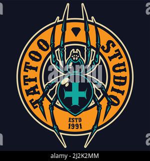 Tattoo salon colorful round label with cross spider in vintage style isolated vector illustration Stock Vector