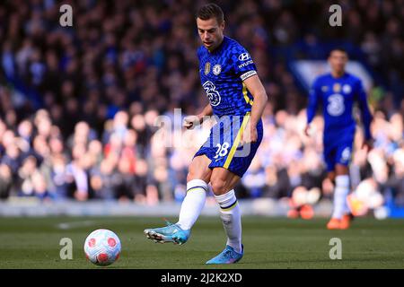 London, UK. 02nd Apr, 2022. Cesar Azpilicueta of Chelsea in action during the game. Premier League match, Chelsea v Brentford at Stamford Bridge in London on Saturday 2nd April 2022. this image may only be used for Editorial purposes. Editorial use only, license required for commercial use. No use in betting, games or a single club/league/player publications. pic by Steffan Bowen/Andrew Orchard sports photography/Alamy Live news Credit: Andrew Orchard sports photography/Alamy Live News Stock Photo