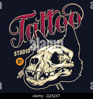 Vintage tattoo studio colorful badge with cat skull on black background isolated vector illustration Stock Vector