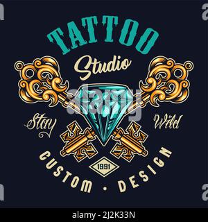 Tattoo salon colorful logo with crossed medieval filigree golden keys and diamond in vintage style isolated vector illustration Stock Vector