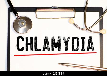 Word Chlamydia. Medical concept. white paper and red line Stock Photo