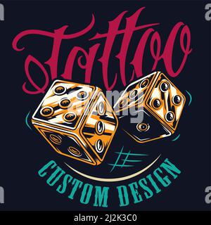 Colorful tattoo studio print with golden dice in vintage style isolated vector illustration Stock Vector