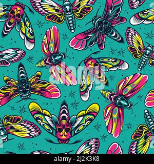 Vintage colorful insects seamless pattern with flying moths and butterflies with skull silhouette between wings vector illustration Stock Vector