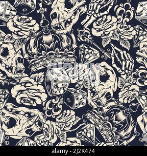 Vintage tattoos monochrome seamless pattern with ornate royal crown skull dice cat skull medieval key diamond skeleton hand holding rose vector illust Stock Vector