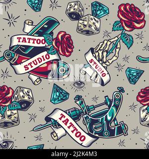 Vintage tattoo seamless pattern with dice diamond ribbon around tattoo machine straight razor and skeleton hand holding rose vector illustration Stock Vector