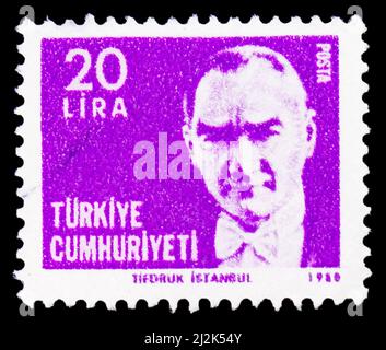 MOSCOW, RUSSIA - MARCH 13, 2022: Postage stamp printed in Turkey shows Kemal Ataturk, Definitive 1980-84, Ataturk serie, circa 1980 Stock Photo