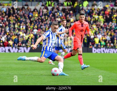 Brighton, UK. 02nd Apr, 2022. Leandro Trossard of Brighton and Hove Albion crosses the ball during the Premier League match between Brighton & Hove Albion and Norwich City at The Amex on April 2nd 2022 in Brighton, England. (Photo by Jeff Mood/phcimages.com) Credit: PHC Images/Alamy Live News Stock Photo