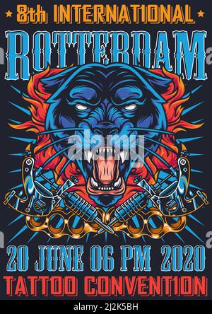 Vintage tattoo fest in Rotterdam poster with angry black panther head brass knuckles and tattoo machines vector illustration Stock Vector