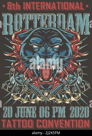 Colorful tattoo convention vintage poster with aggressive black panther head brass knuckles and tattoo machines vector illustration Stock Vector