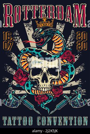 Vintage tattoo festival colorful poster with snake in royal crown entwined around skull rose flowers and tattoo machines vector illustration Stock Vector