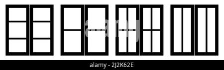 Vector set of different types of classical windows black silhouettes, isolated on white background. Stock Vector