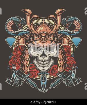 Colorful tattoo vintage concept with samurai warrior skull snakes dagger roses tattoo machines isolated vector illustration Stock Vector
