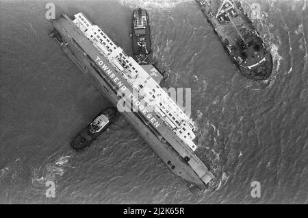 Aerial view showing the Herald of Free Enterprise roll-on roll-off ferry which capsized moments after leaving the Belgian port of Zeebrugge on the night of 6th March 1987, killing 193 passengers and crew.  Picture taken: 7th March 1987 Stock Photo