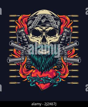 Colorful tattoo vintage template with skull in bandana guns bullets grenades and fiery heart in barbed wire on dark background isolated vector illustr Stock Vector