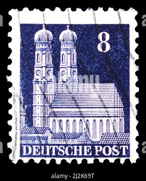 MOSCOW, RUSSIA - MARCH 13, 2022: Postage stamp printed in Germany, American-British Occupation (Bizone) shows Munich Cathedral, Buildings serie, circa Stock Photo